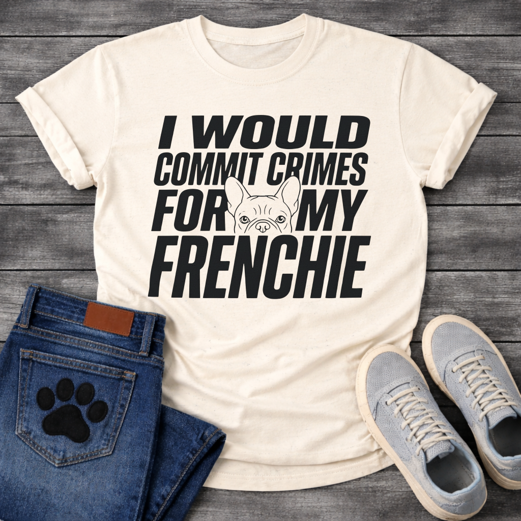 French Bulldog t-shirt with oversized bold condensed typography reading I Would Commit Crimes For My Frenchie, small Frenchie face illustration nested between the words For and My