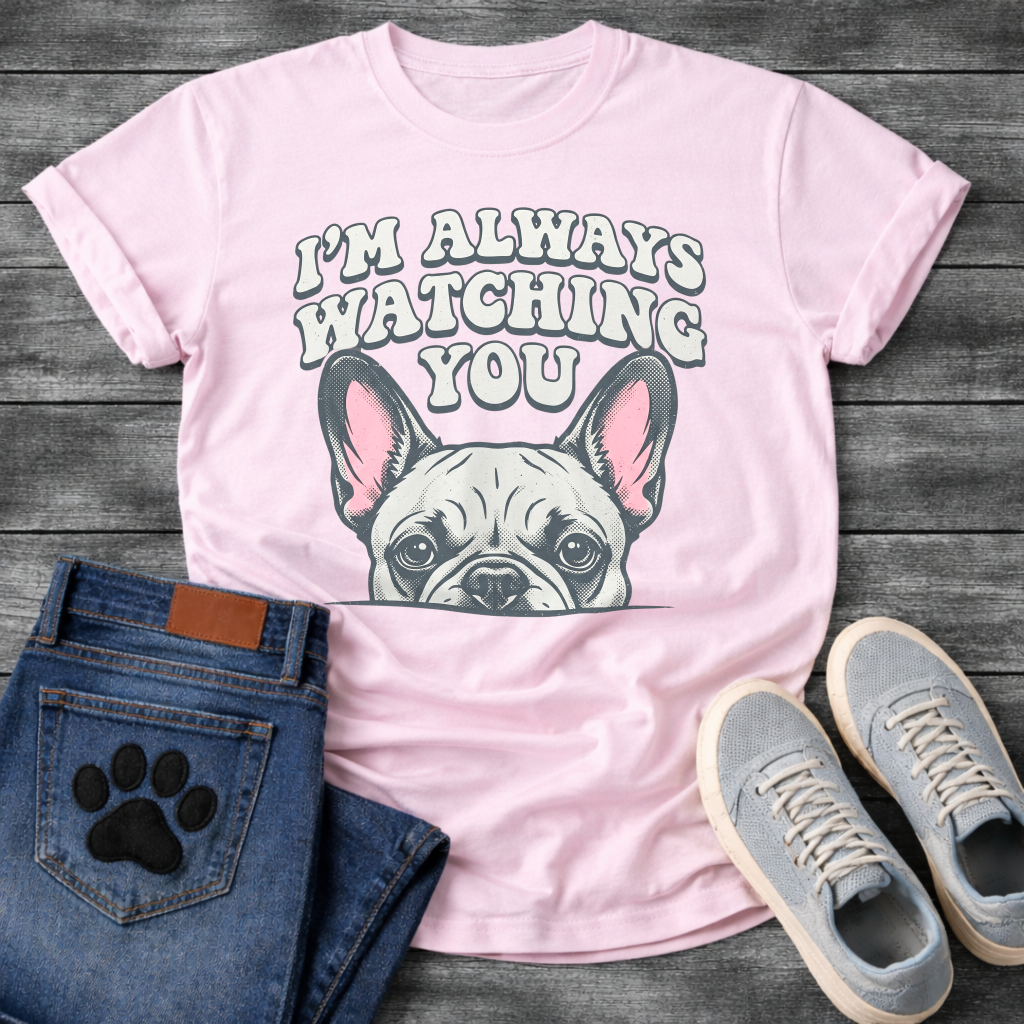 French Bulldog t-shirt with retro 70s bubble typography reading I'm Always Watching You above a peeking Frenchie face with pink inner ears, vintage halftone illustration on warm sand tee, groovy retro style