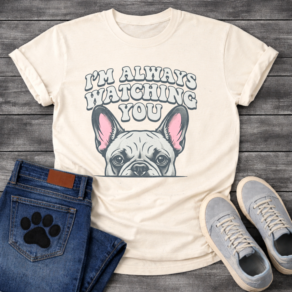 French Bulldog t-shirt with retro 70s bubble typography reading I'm Always Watching You above a peeking Frenchie face with pink inner ears, vintage halftone illustration on warm sand tee, groovy retro style