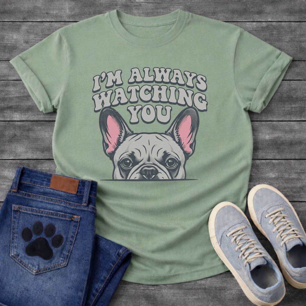 French Bulldog t-shirt with retro 70s bubble typography reading I'm Always Watching You above a peeking Frenchie face with pink inner ears, vintage halftone illustration on warm sand tee, groovy retro style