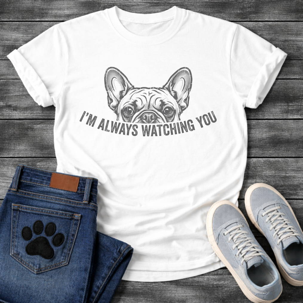 French Bulldog t-shirt with vintage halftone Frenchie face peeking over distressed arched text reading I'm Always Watching You, dark single-ink illustration on warm sand tee, retro graphic style