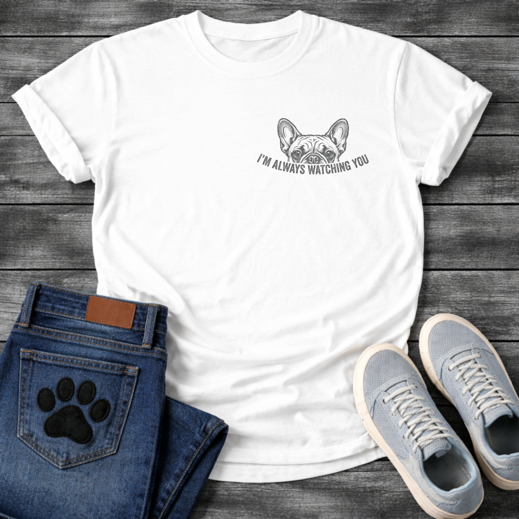 French Bulldog left chest pocket t-shirt with vintage halftone Frenchie face peeking over distressed arched text reading I'm Always Watching You, small dark single-ink graphic on warm sand tee, retro pocket print style