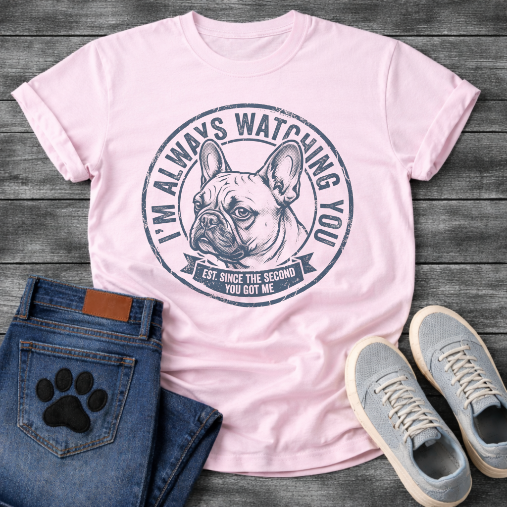 French Bulldog portrait badge graphic tee with I'm Always Watching You Est Since The Second You Got Me typography

