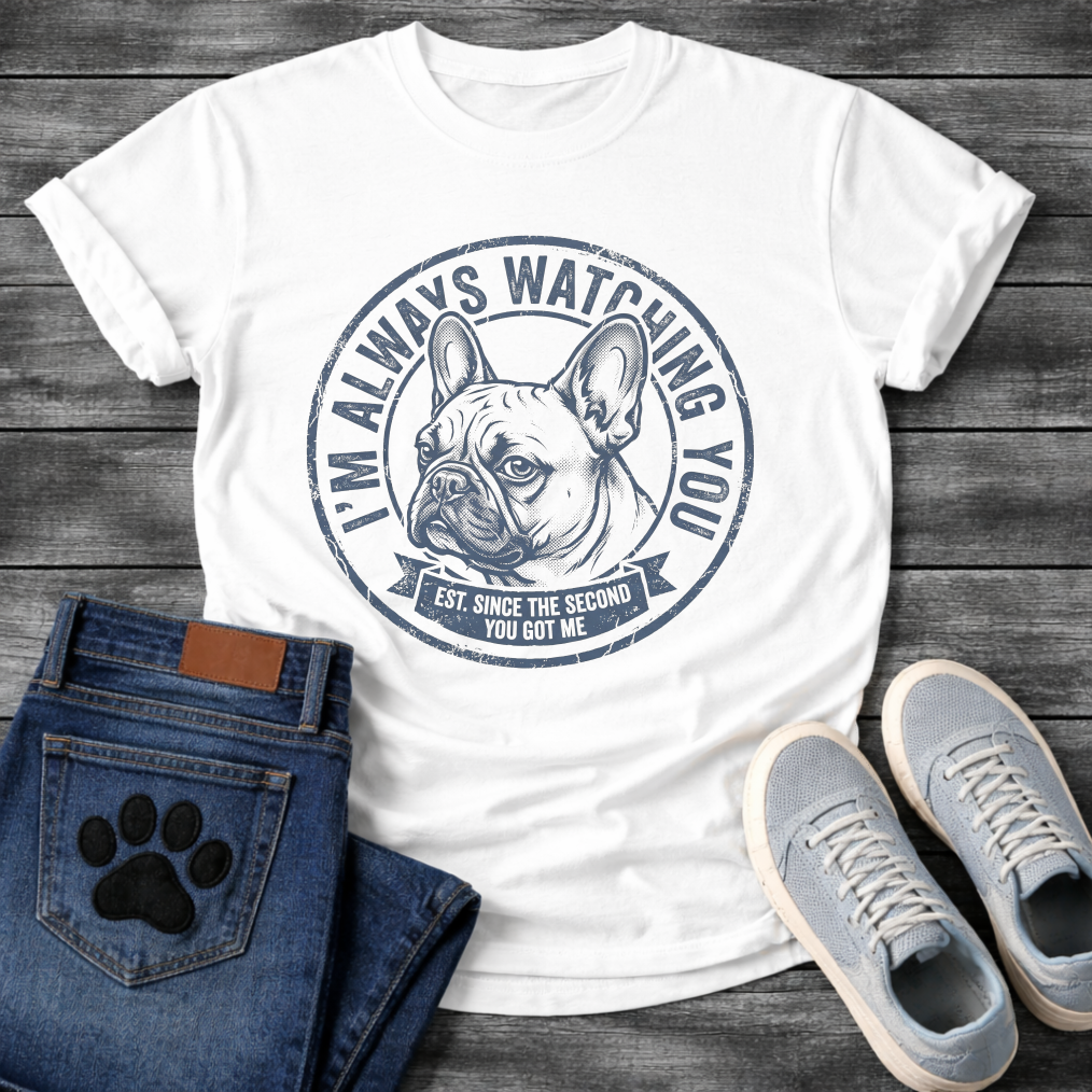 French Bulldog portrait badge graphic tee with I'm Always Watching You Est Since The Second You Got Me typography

