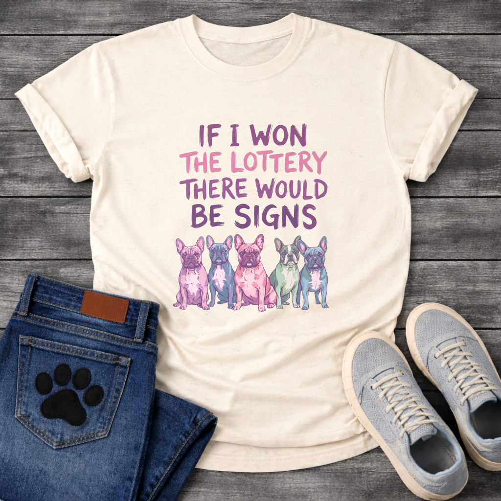 If I Won the Lottery There Would Be Signs French Bulldog typography graphic tee with five colorful Frenchies
