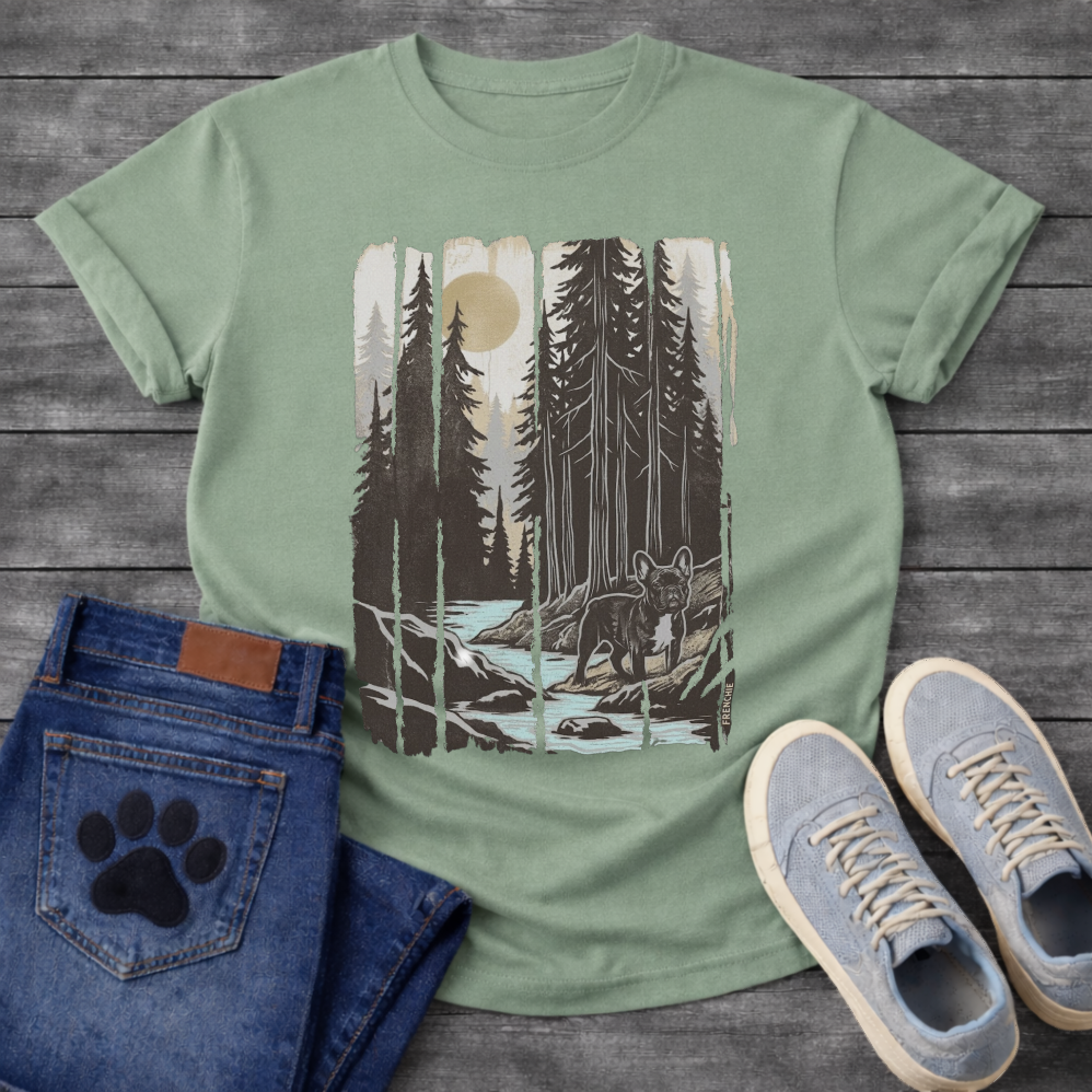Frenchie redwood river woodcut vintage forest t-shirt sage gold black pet lover apparel