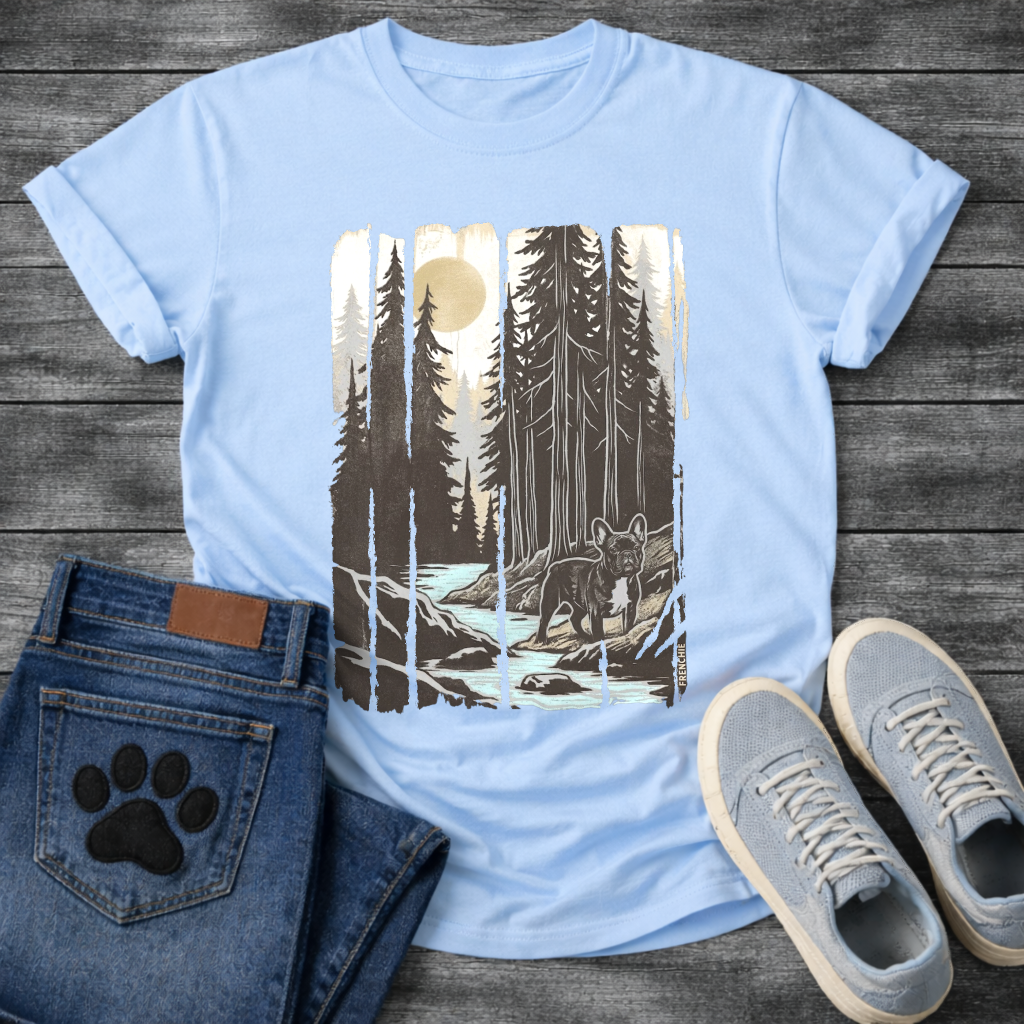 Frenchie redwood river woodcut vintage forest t-shirt sage gold black pet lover apparel