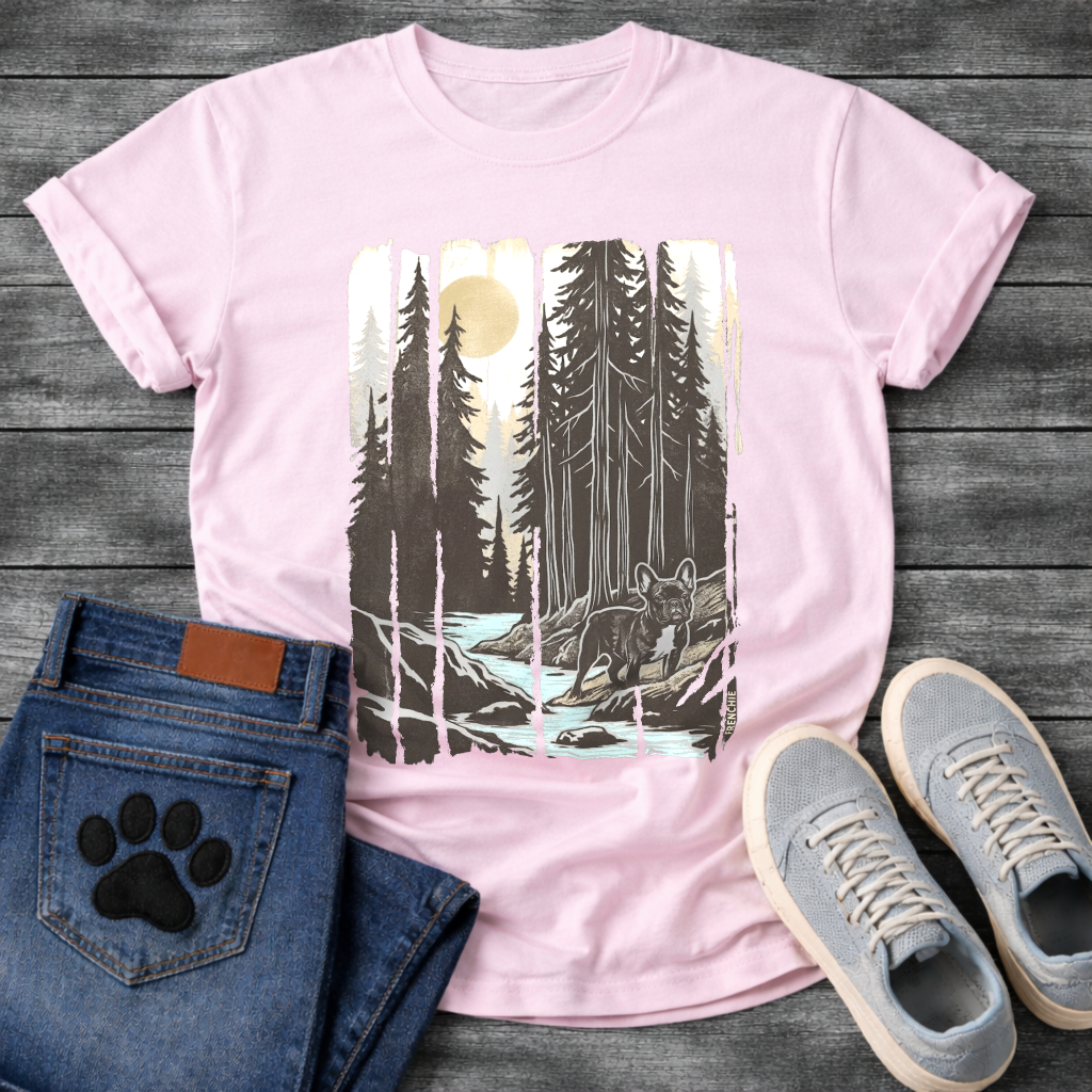 Frenchie redwood river woodcut vintage forest t-shirt sage gold black pet lover apparel