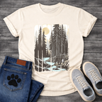 Frenchie redwood river woodcut vintage forest t-shirt sage gold black pet lover apparel