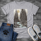 Frenchie redwood river woodcut vintage forest t-shirt sage gold black pet lover apparel
