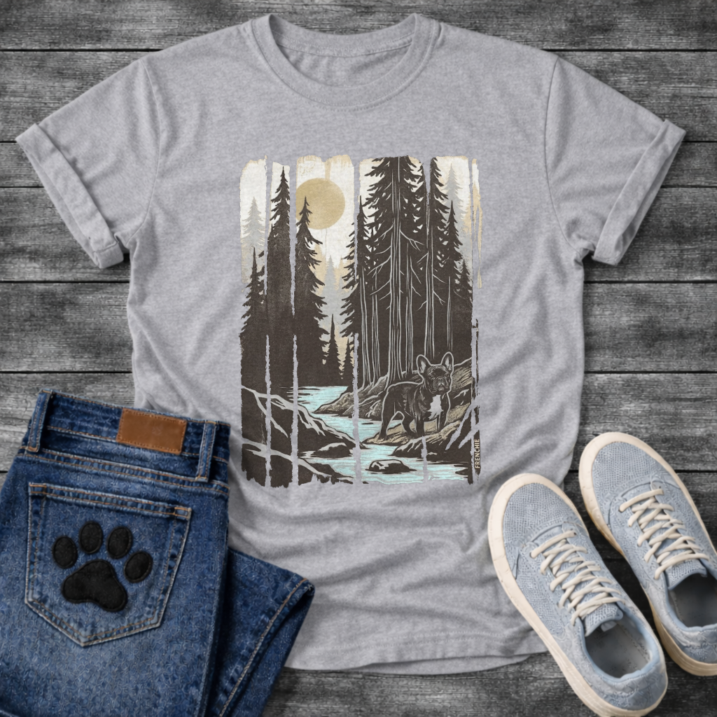 Frenchie redwood river woodcut vintage forest t-shirt sage gold black pet lover apparel