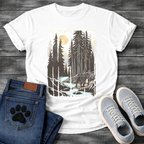 Frenchie redwood river woodcut vintage forest t-shirt sage gold black pet lover apparel