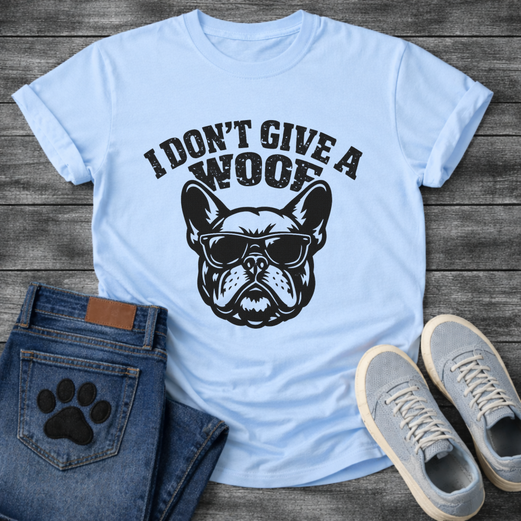 I Don't Give A Woof funny dog shirt white French Bulldog sunglasses pet lover tee
