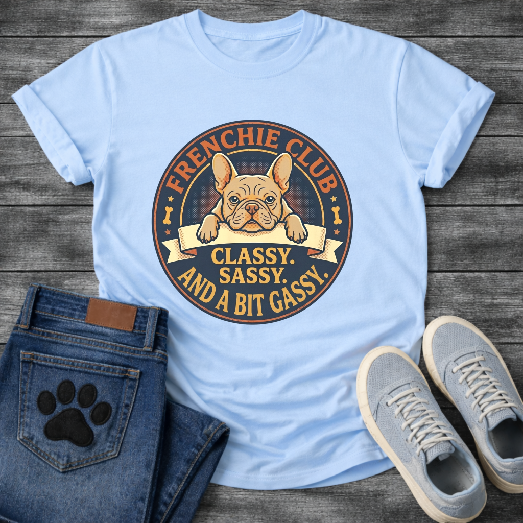 Frenchie Club Classy Sassy Bit Gassy full color fawn badge t-shirt funny French Bulldog shirt
