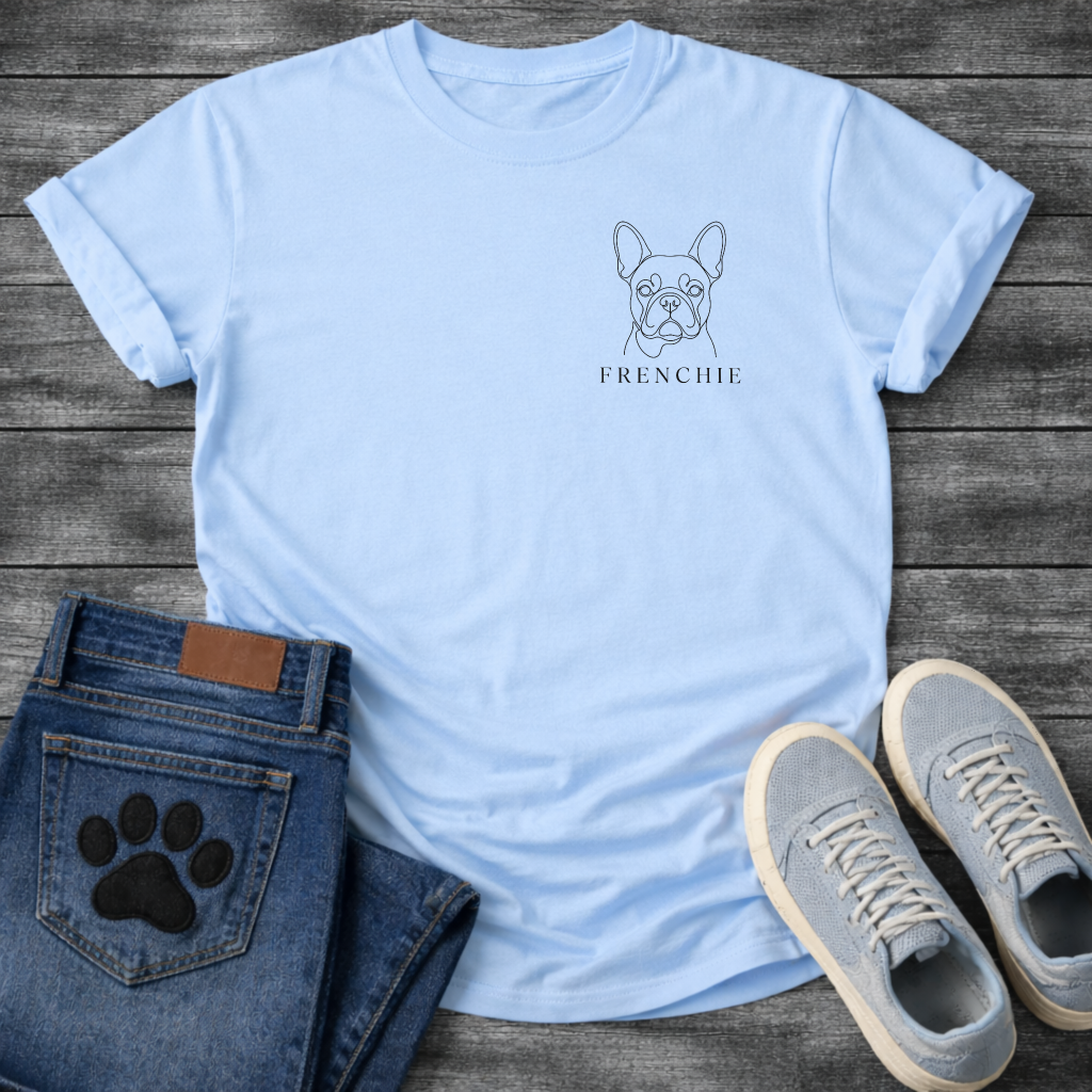 Minimalist continuous line art French Bulldog portrait t-shirt - 
black line drawing on white tee with Frenchie serif text