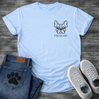 Frenchie face line art pocket t-shirt dark heather French Bulldog pet lover apparel