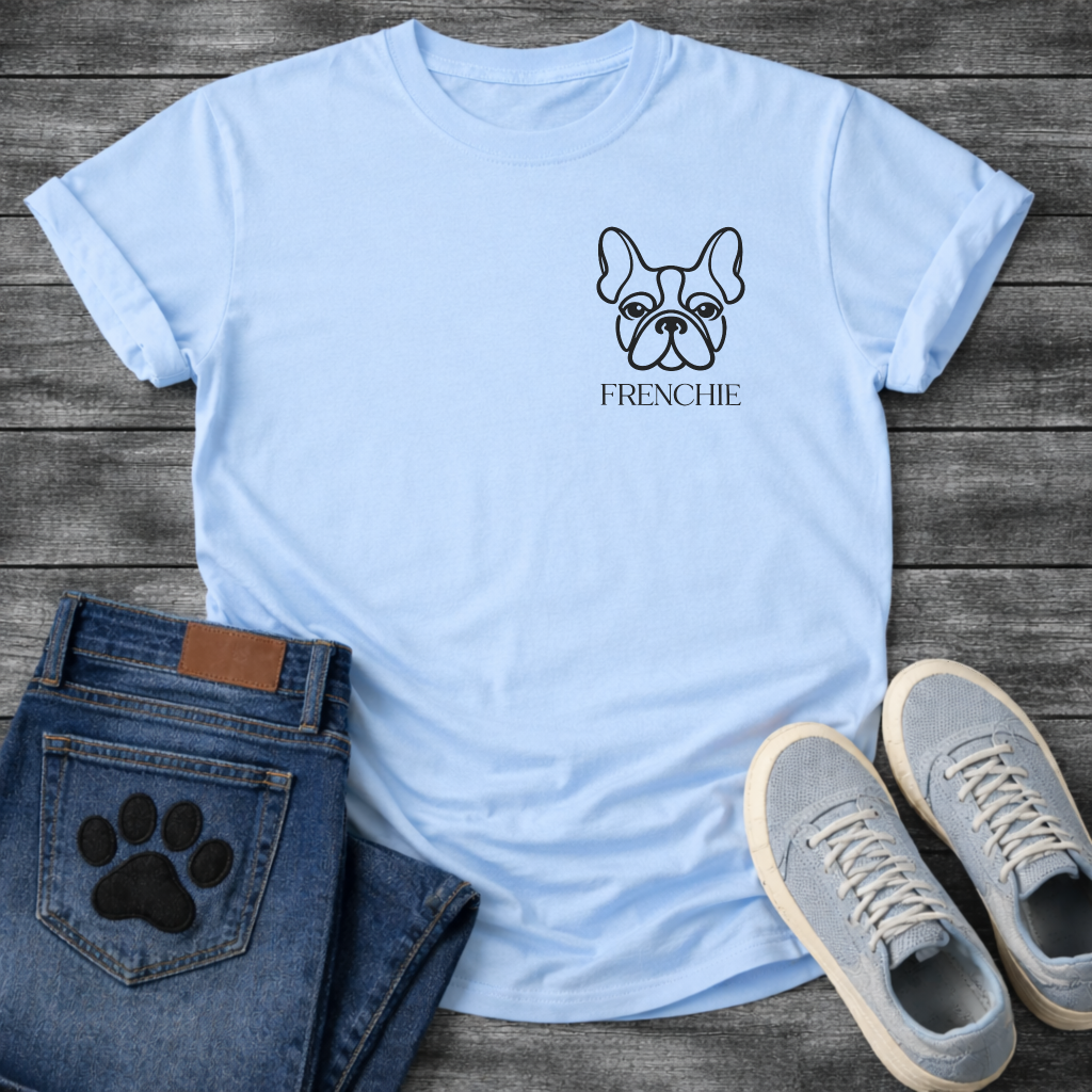 Frenchie face line art pocket t-shirt dark heather French Bulldog pet lover apparel