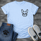Bold Frenchie chest logo t-shirt white French Bulldog bat ears pet lover apparel