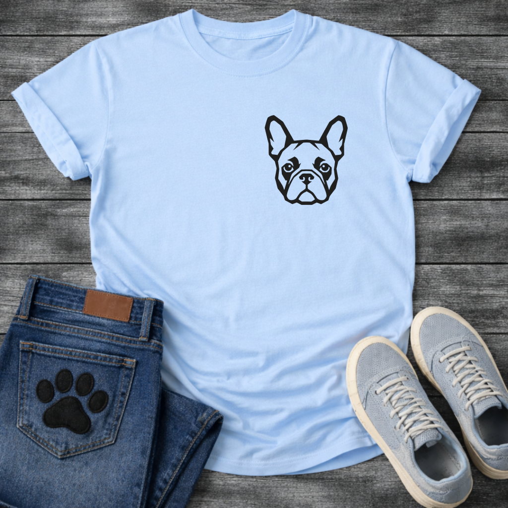 Bold Frenchie chest logo t-shirt white French Bulldog bat ears pet lover apparel