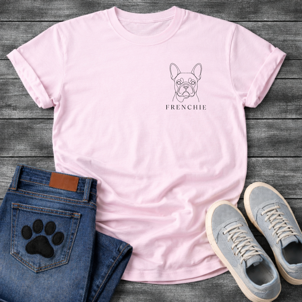 Minimalist continuous line art French Bulldog portrait t-shirt - 
black line drawing on white tee with Frenchie serif text