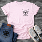 Frenchie face line art pocket t-shirt dark heather French Bulldog pet lover apparel