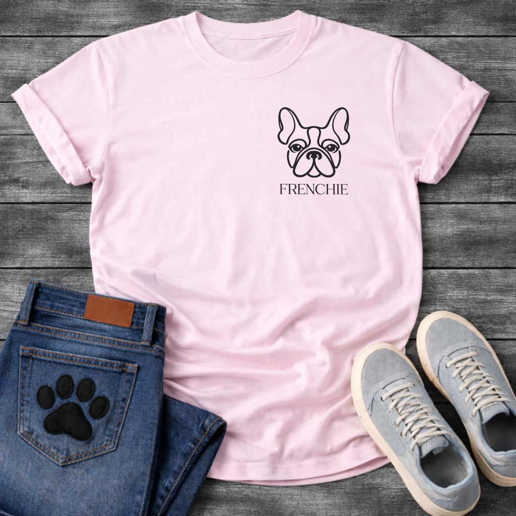 Frenchie face line art pocket t-shirt dark heather French Bulldog pet lover apparel