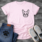 Bold Frenchie chest logo t-shirt white French Bulldog bat ears pet lover apparel
