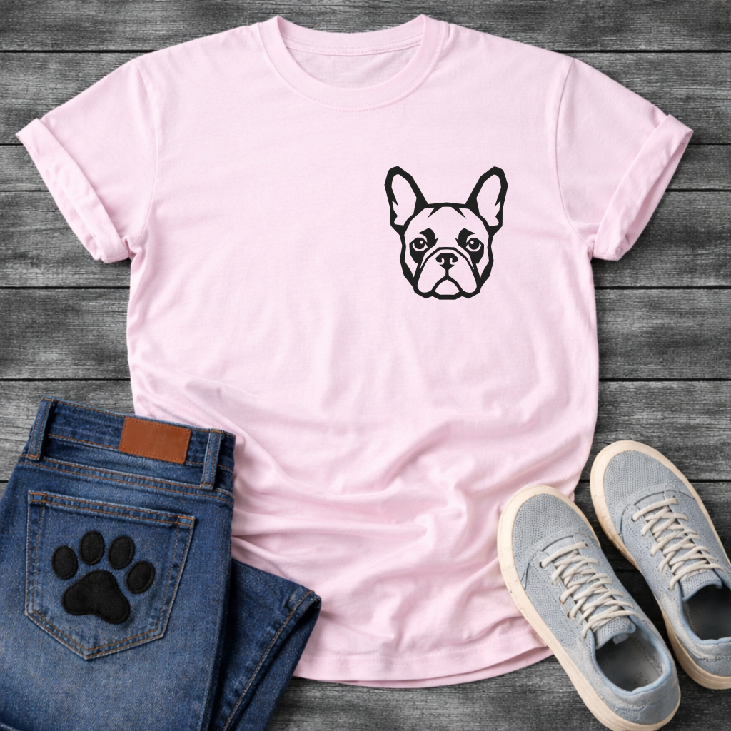 Bold Frenchie chest logo t-shirt white French Bulldog bat ears pet lover apparel