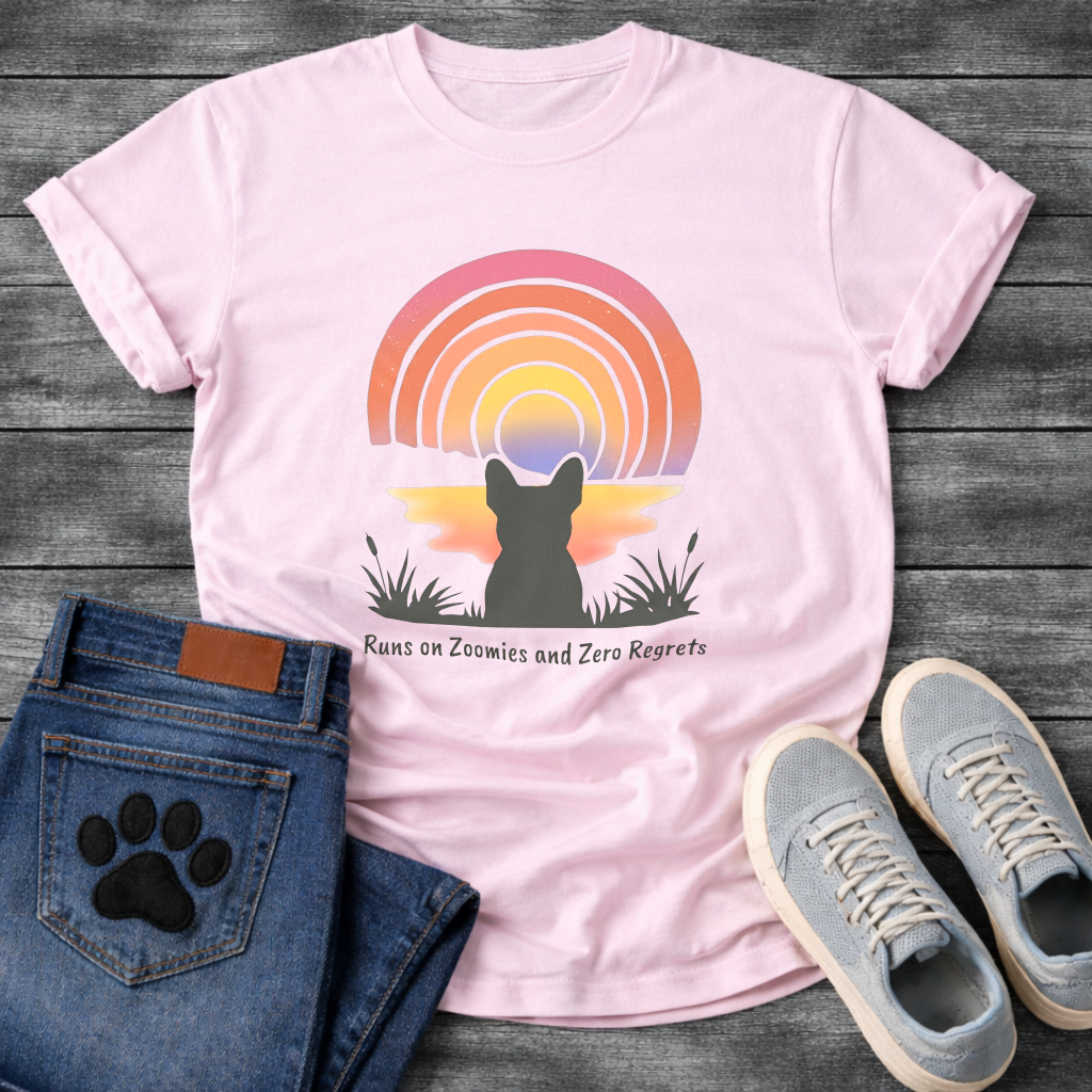 Runs on Zoomies and Zero Regrets French Bulldog sunset t-shirt white pet lover apparel funny dog shirt