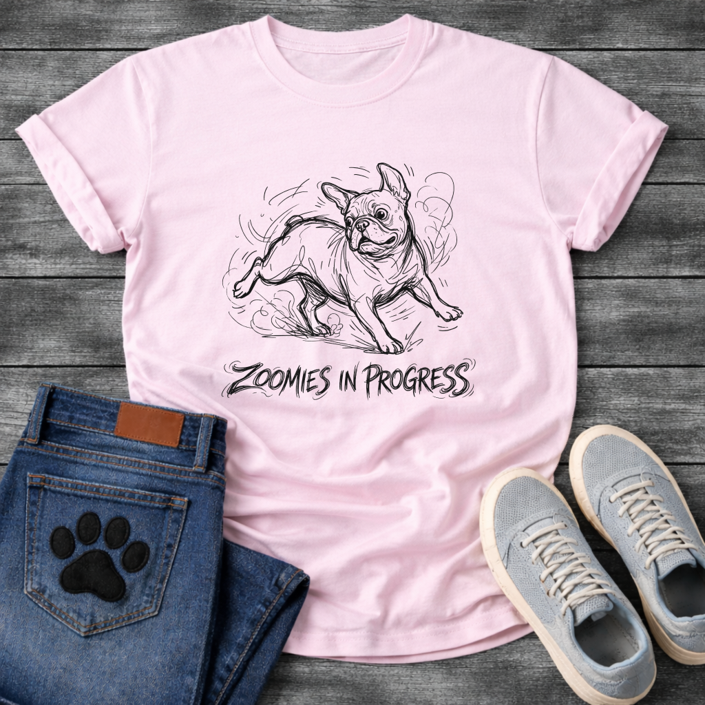 Zoomies in Progress French Bulldog sketch t-shirt - 
energetic Frenchie mid-zoomie graphic tee black ink