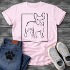 French Bulldog t-shirt with clean brush line art Frenchie standing three-quarter view inside a minimal square frame border, single dark ink illustration, no text, fine art gallery style graphic