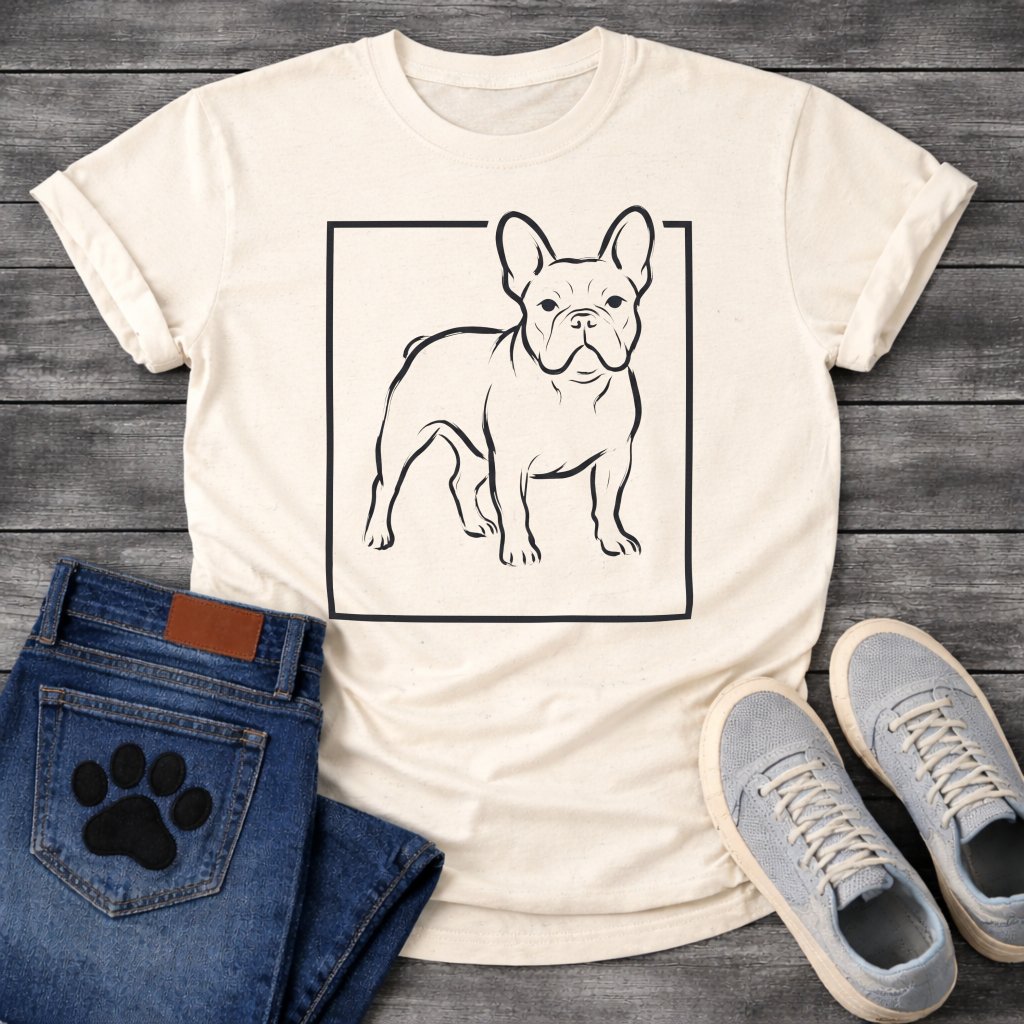 French Bulldog t-shirt with clean brush line art Frenchie standing three-quarter view inside a minimal square frame border, single dark ink illustration, no text, fine art gallery style graphic