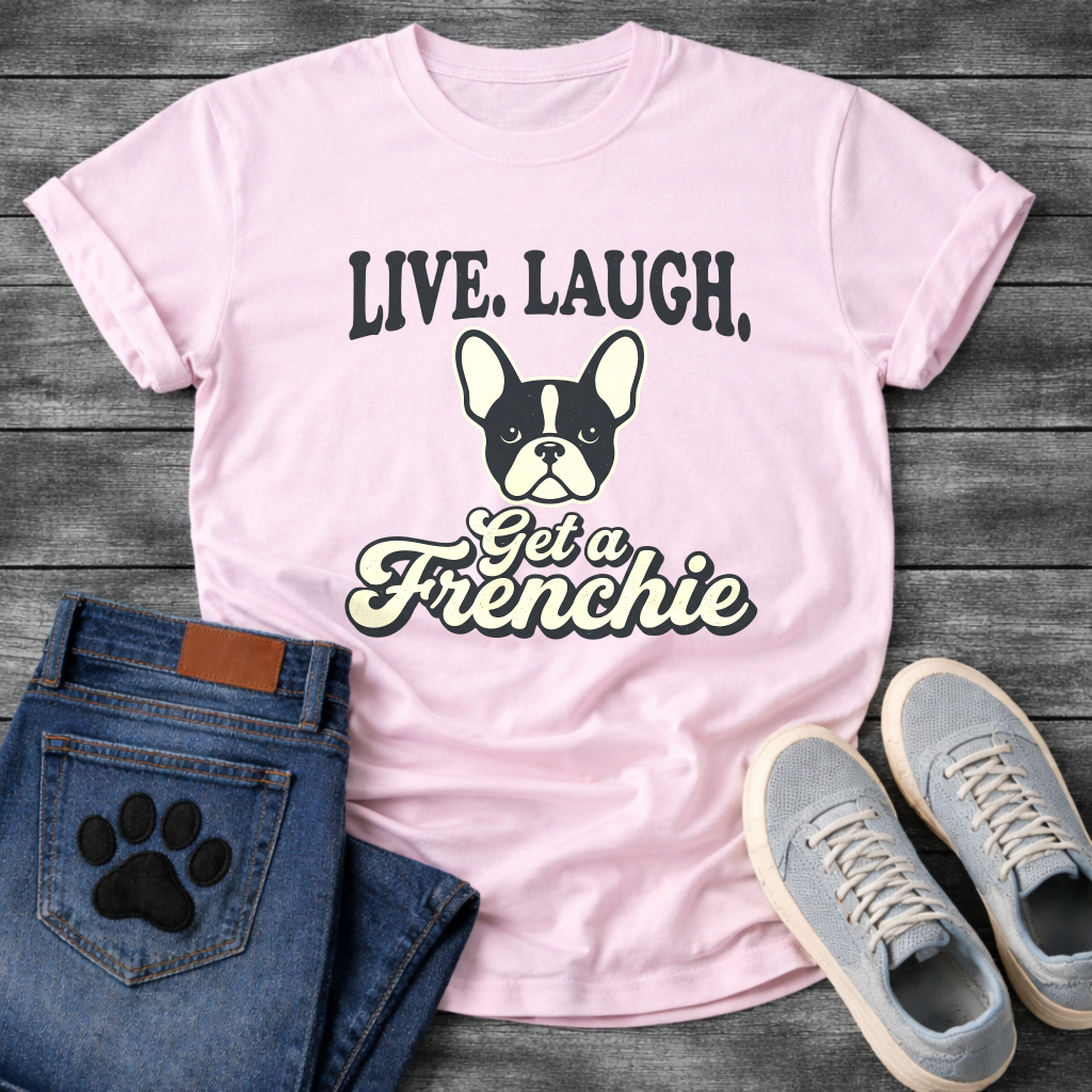 Live Laugh Get a Frenchie retro typography graphic tee with French Bulldog face badge illustration


