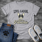 Live Laugh Get a Frenchie retro typography graphic tee with French Bulldog face badge illustration

