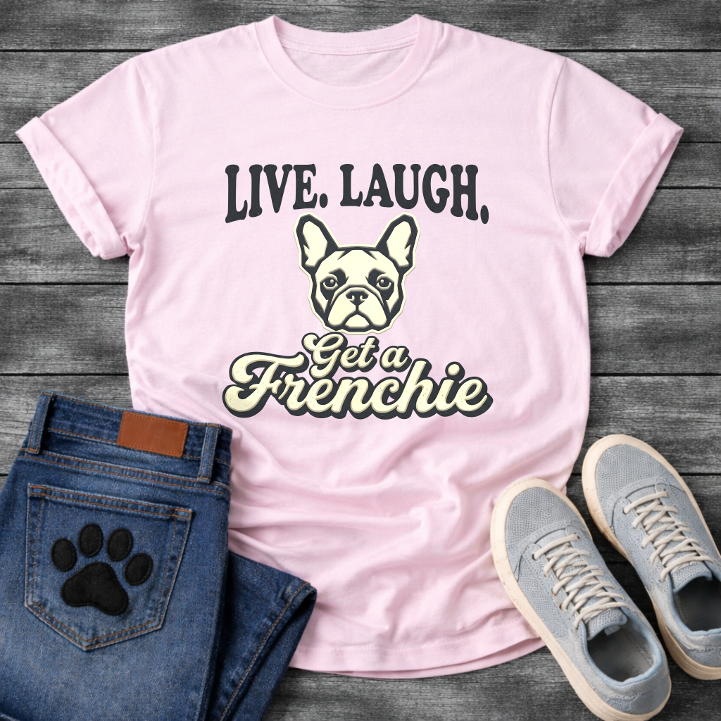 Live Laugh Get a Frenchie retro typography graphic tee with French Bulldog face illustration
