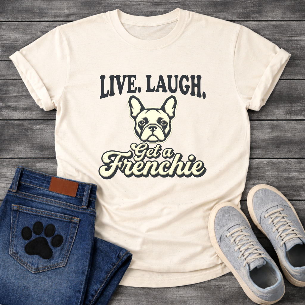 Live Laugh Get a Frenchie retro typography graphic tee with French Bulldog face illustration
