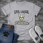 Live Laugh Get a Frenchie retro typography graphic tee with French Bulldog face illustration
