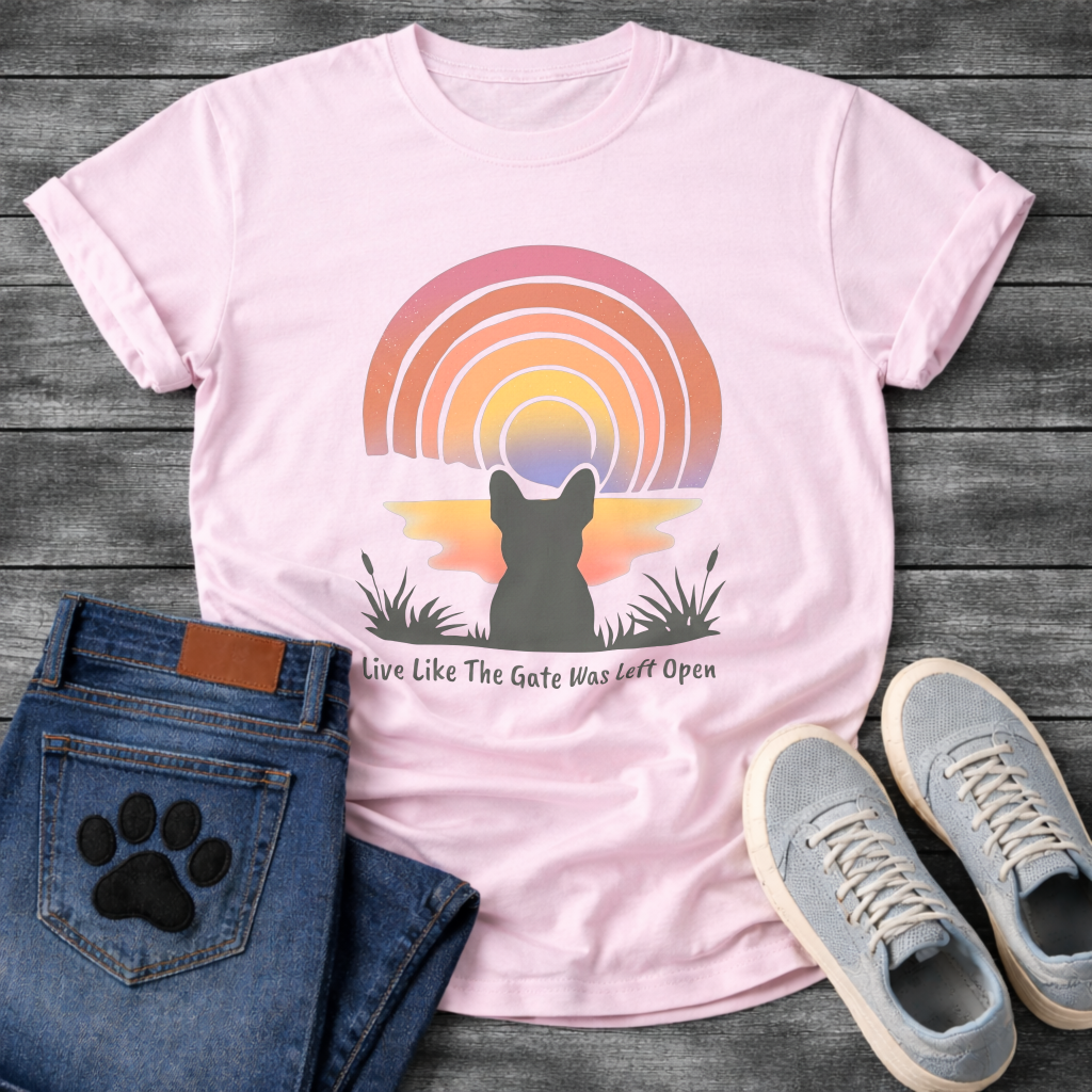 French Bulldog silhouette from behind facing a rainbow sunset with Live Like The Gate Was Left Open typography graphic tee