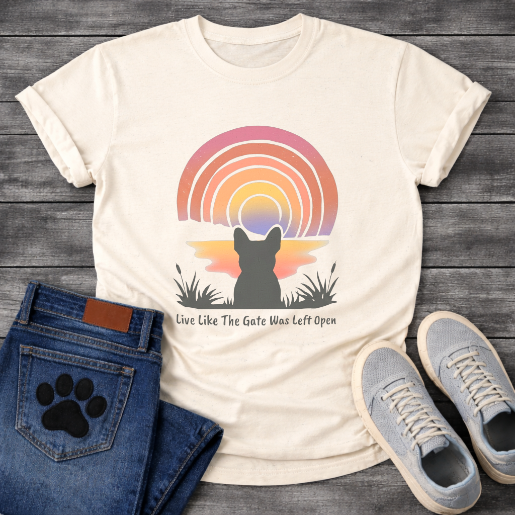French Bulldog silhouette from behind facing a rainbow sunset with Live Like The Gate Was Left Open typography graphic tee