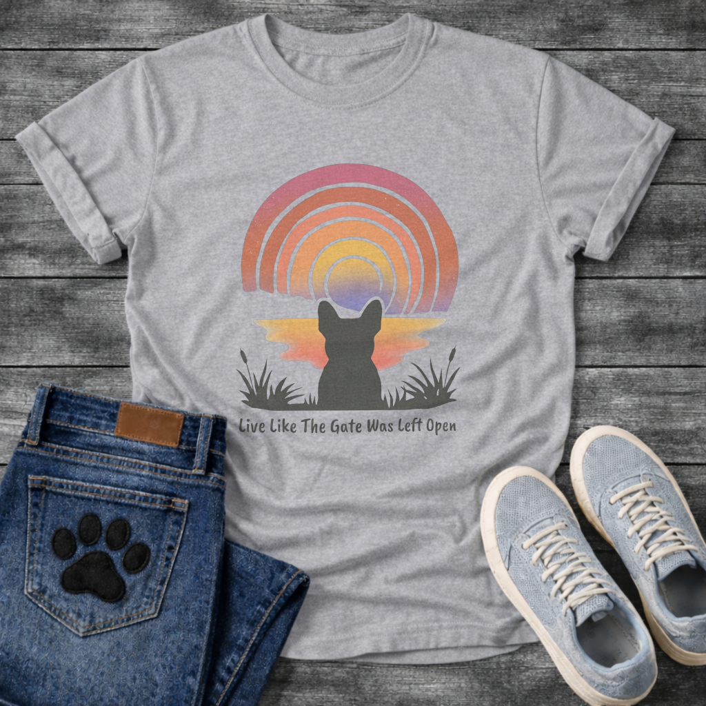French Bulldog silhouette from behind facing a rainbow sunset with Live Like The Gate Was Left Open typography graphic tee
