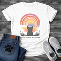 French Bulldog silhouette from behind facing a rainbow sunset with Live Like The Gate Was Left Open typography graphic tee