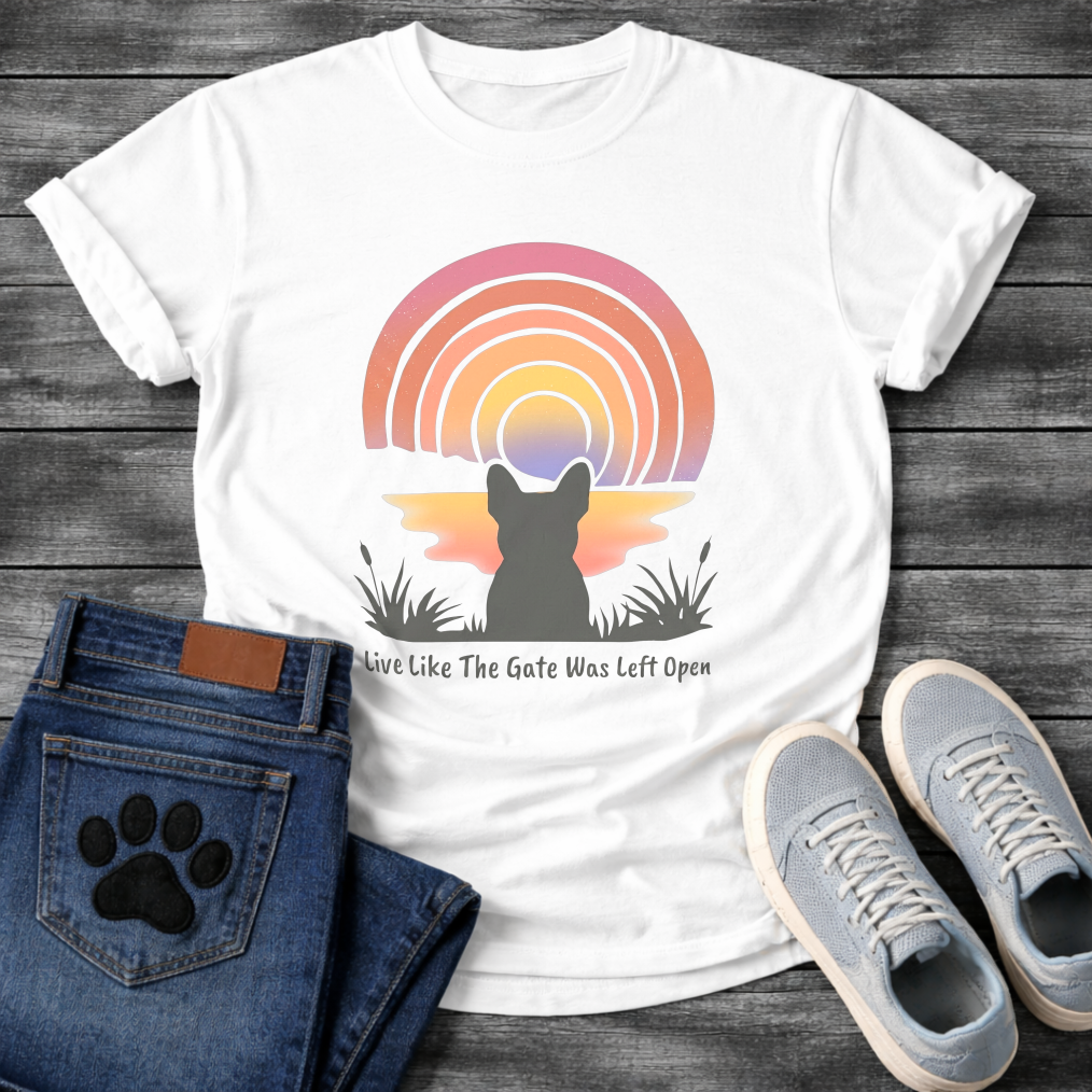 French Bulldog silhouette from behind facing a rainbow sunset with Live Like The Gate Was Left Open typography graphic tee