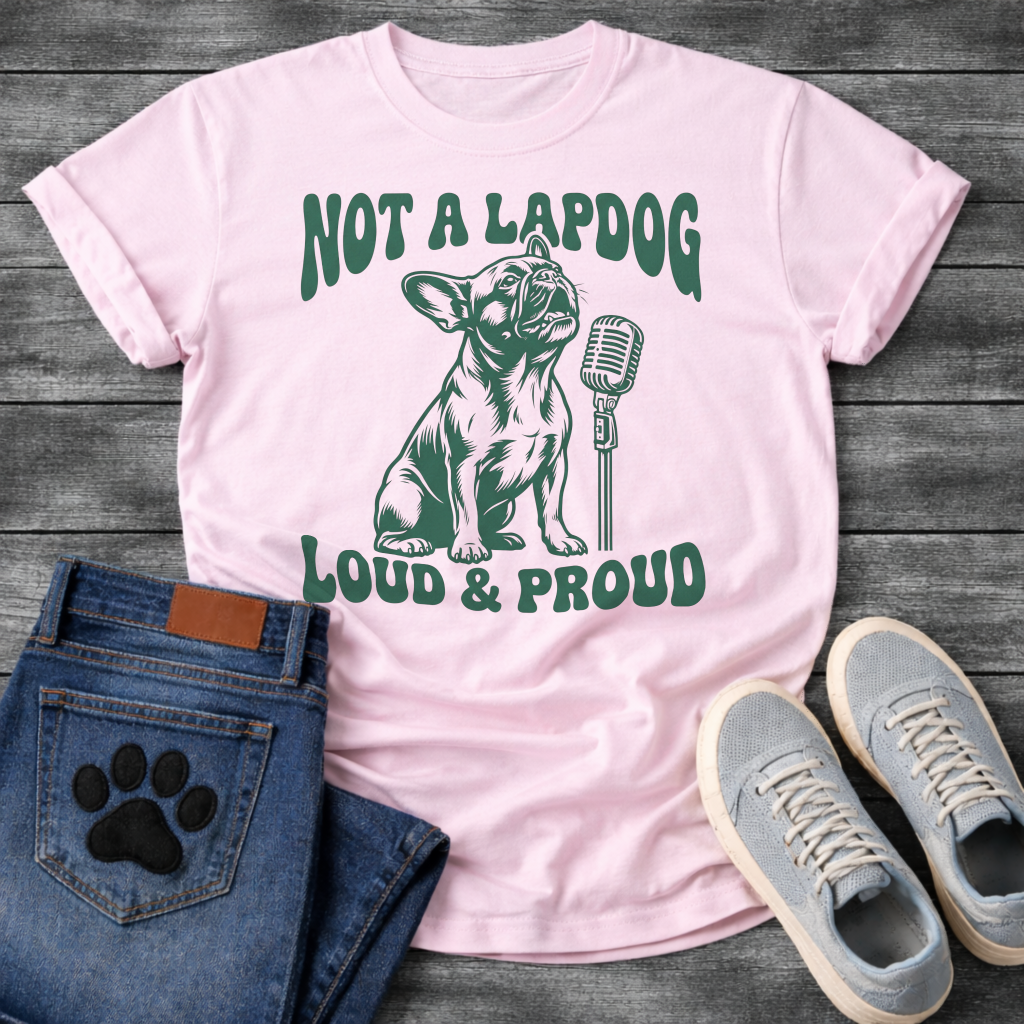 French Bulldog t-shirt with retro groovy arched text reading Not a Lapdog above a detailed Frenchie illustration mid-vocalization beside a vintage microphone, bold text below reading Loud and Proud, single forest green ink graphic