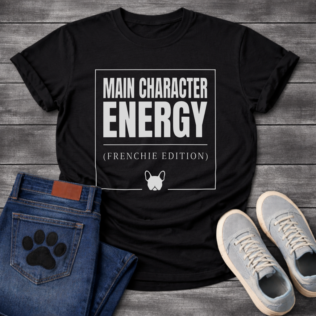 Main Character Energy Frenchie Edition French Bulldog graphic t-shirt white text on black