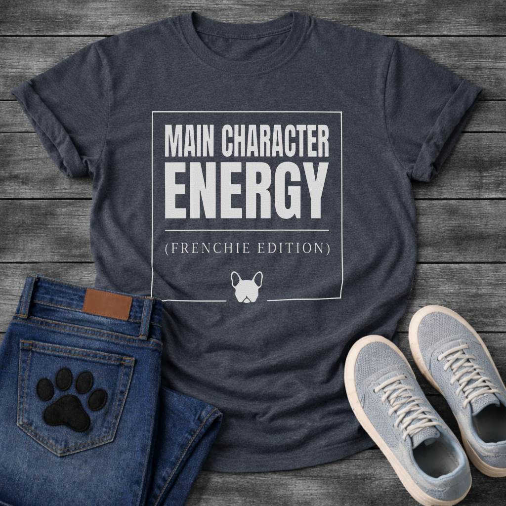 Main Character Energy Frenchie Edition French Bulldog graphic t-shirt white text on black