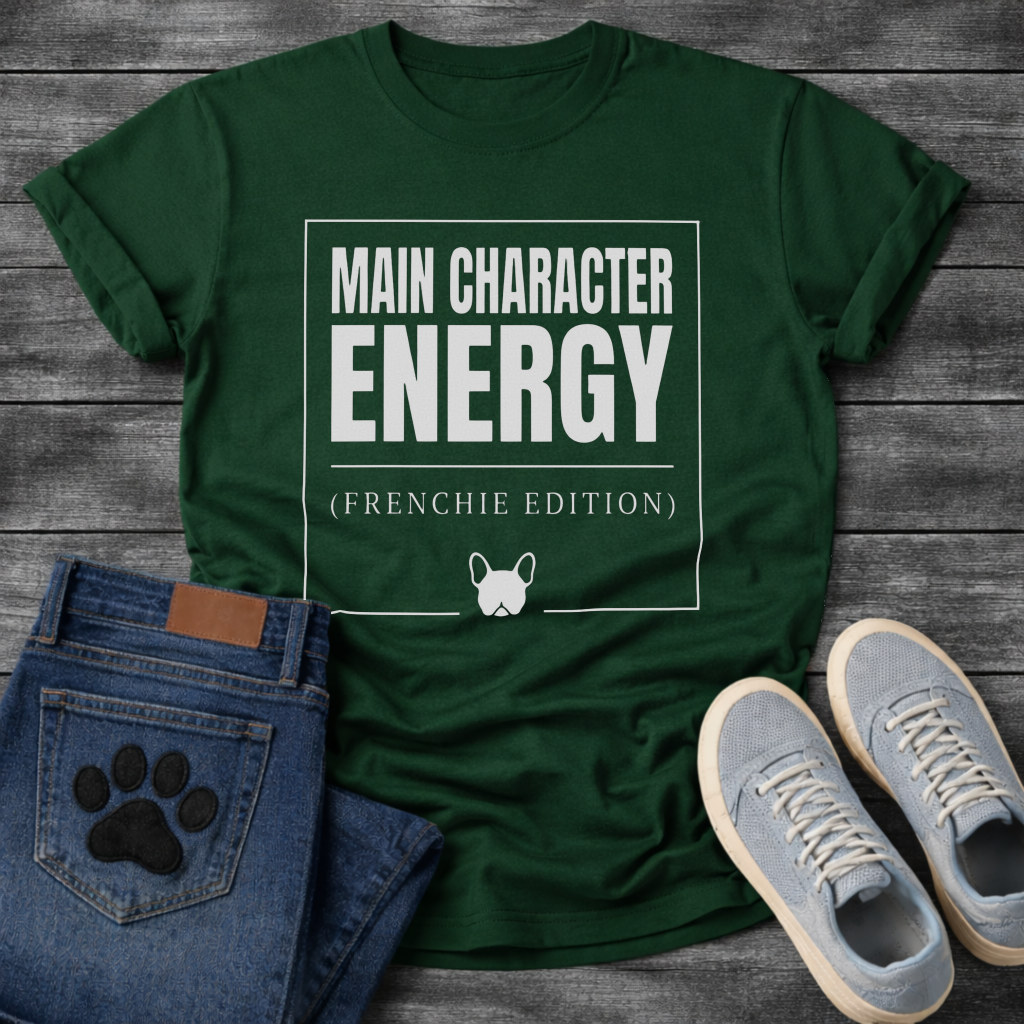 Main Character Energy Frenchie Edition French Bulldog graphic t-shirt white text on black