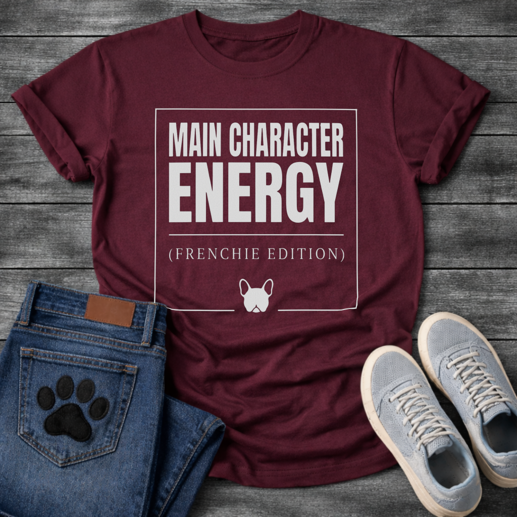 Main Character Energy Frenchie Edition French Bulldog graphic t-shirt white text on black