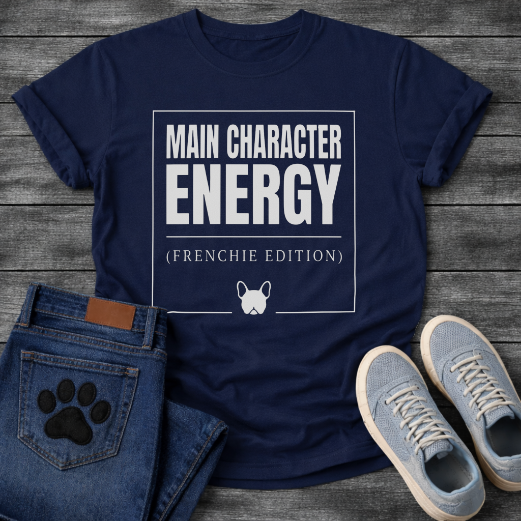 Main Character Energy Frenchie Edition French Bulldog graphic t-shirt white text on black