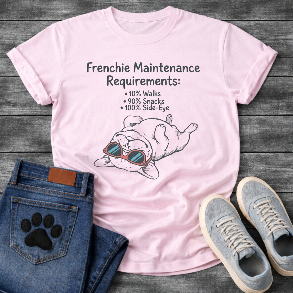 French Bulldog lying upside down wearing sunglasses Frenchie Maintenance Requirements 10% Walks 90% Snacks 100% Side-Eye graphic tee