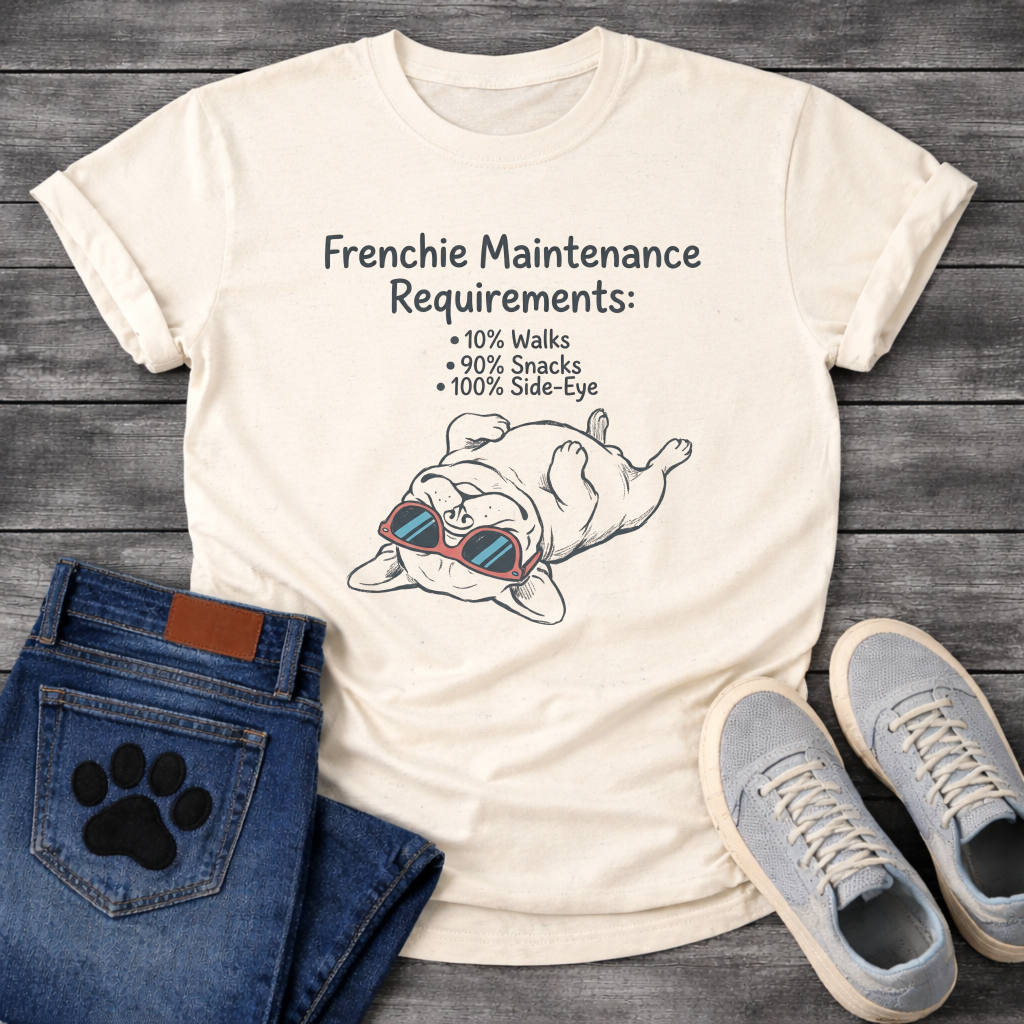 French Bulldog lying upside down wearing sunglasses Frenchie Maintenance Requirements 10% Walks 90% Snacks 100% Side-Eye graphic tee